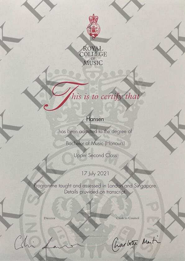 Bachelor of Music with Honors in Piano Performance from the Royal College of Music London